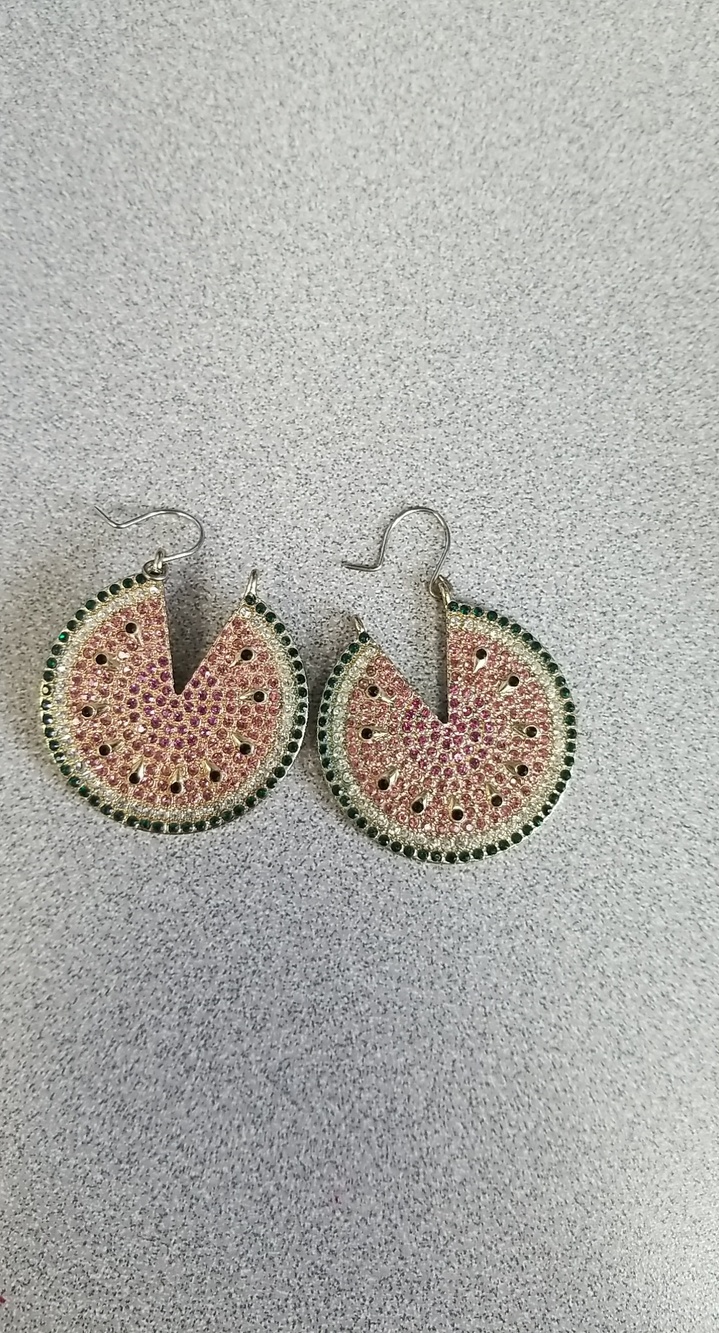 Pink and Green Watermelon Slice Crystal Drop Earrings - Women Jewelry
